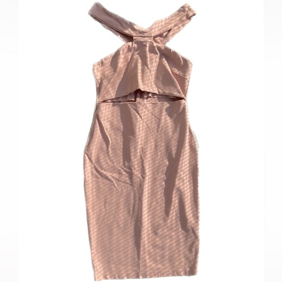 Women’s Baby Pink Sleeveless Neck Detail Midi Stomach Cutout Bodycon Dress